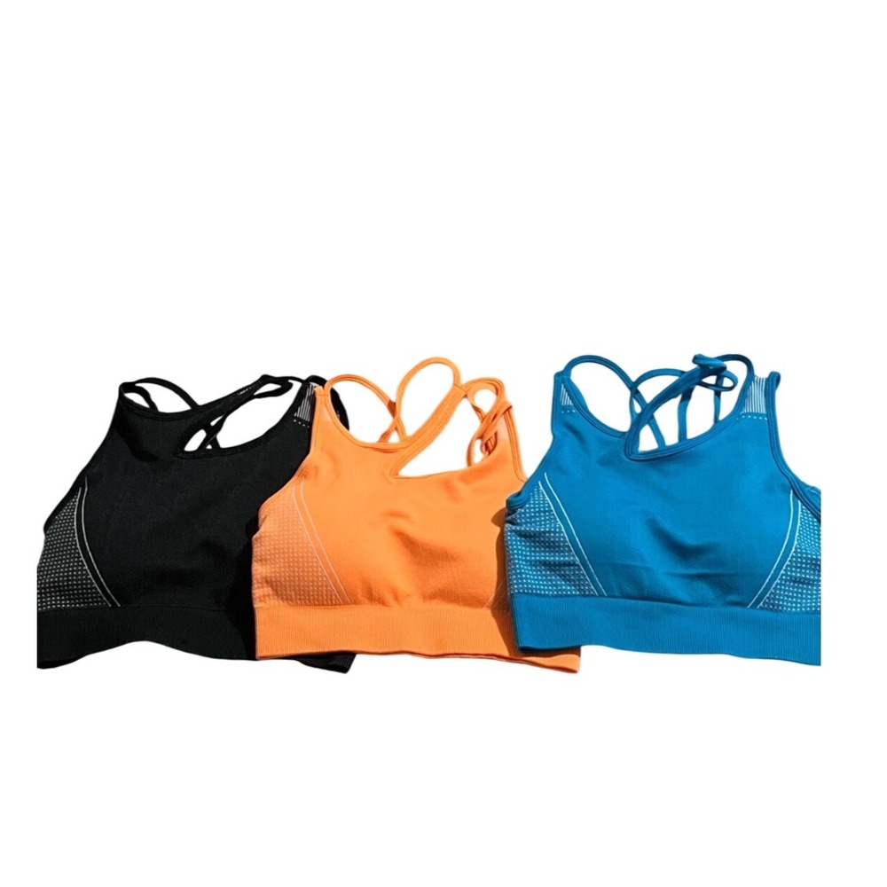 NEW Womens Small Seamless Sports Bra Lot 3 Strappy Racerback Black Orange Blue